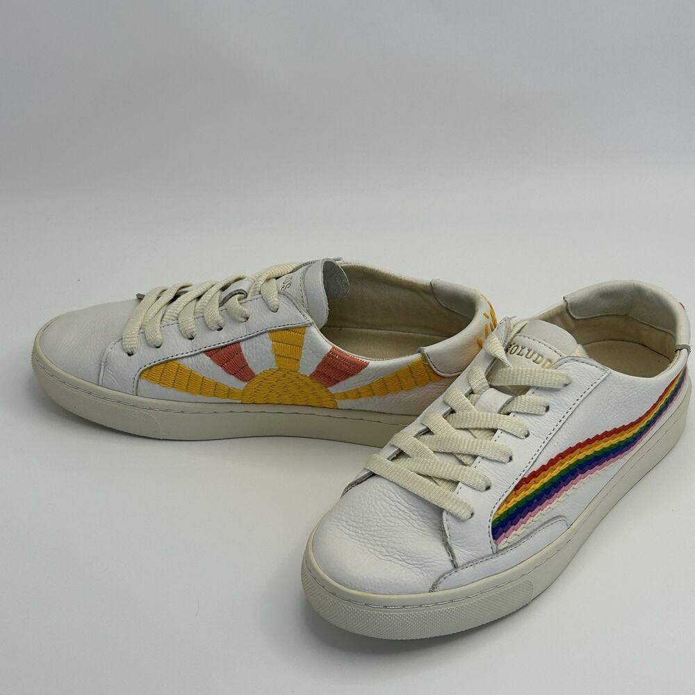 Soludos Ibiza 5.5 White Leather Low Top Sneakers Rainbow Wave Good Vibes Pride